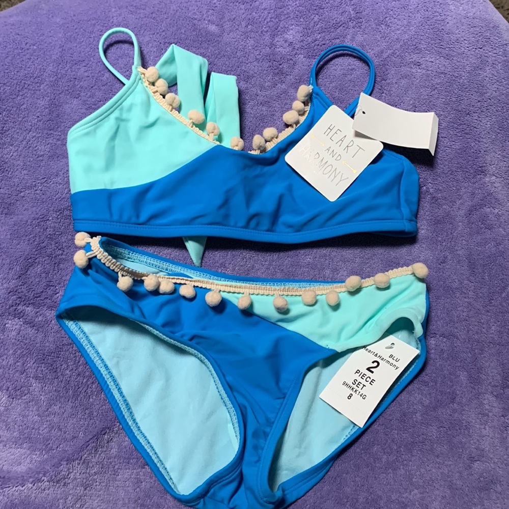 Heart and Harmony Girl Blue Colorblock Pom Pom Adjustable Strap Bikini 2 PC Sz 8